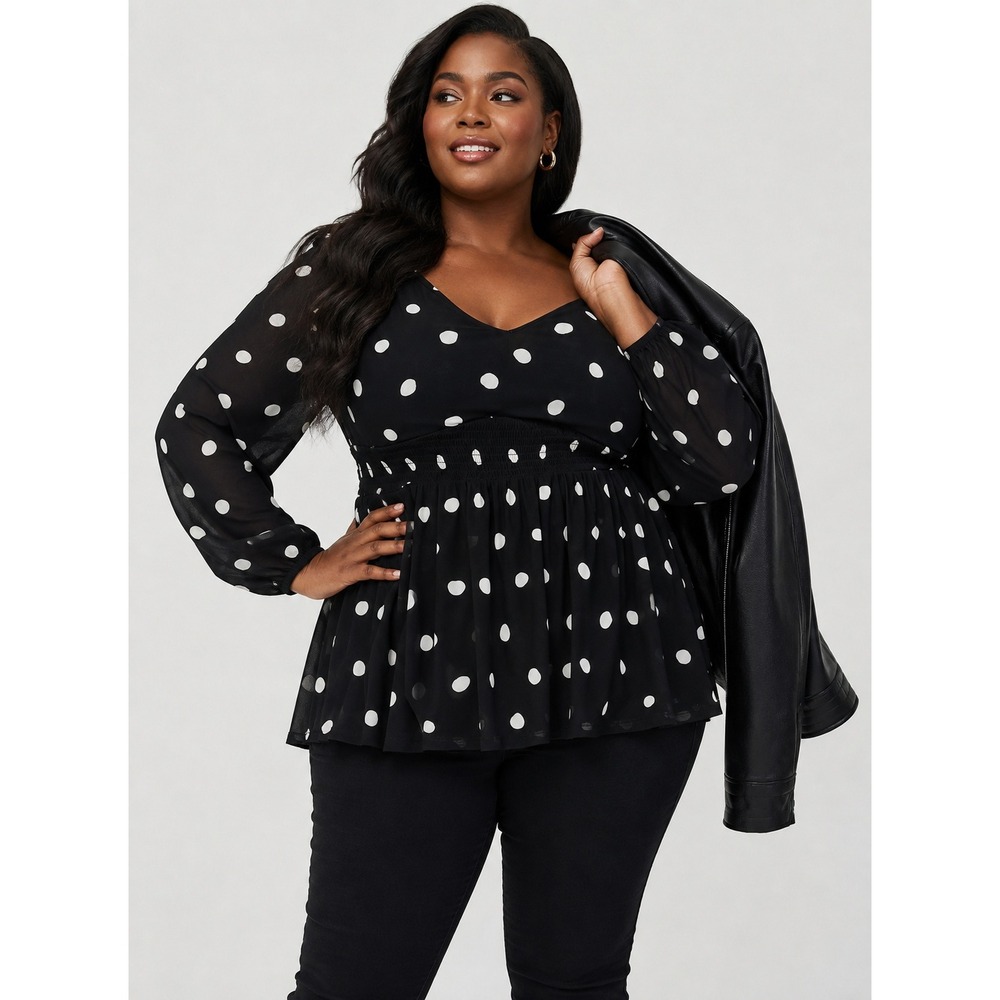 Torrid Babydoll Top Size 6 6X Black Polka Dot Mesh Smocked Blouson Sleeve NEW